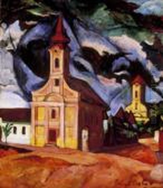 Street Scene With Red Towers And Blue Sky Oil Painting by Vilmos Perlrott-Csaba