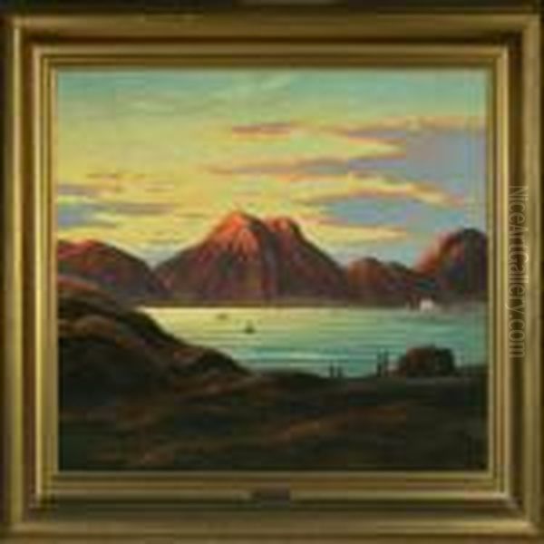 Sunset At Godthaabsfjorden Oil Painting by Emanuel A. Petersen