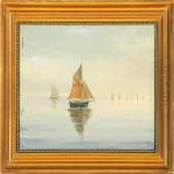 A Danish Marinewith Sailing Boats In Calm Water Oil Painting by Emanuel A. Petersen