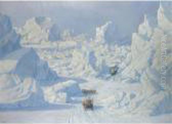 Med Hundeslaede I Gronland (dog Sledding In Greenland) Oil Painting by Emanuel A. Petersen