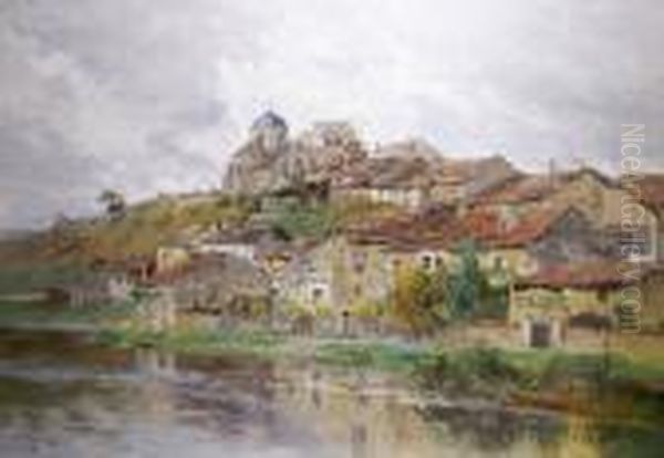 Village En Bord De Riviere Oil Painting by Edmond Marie Petitjean