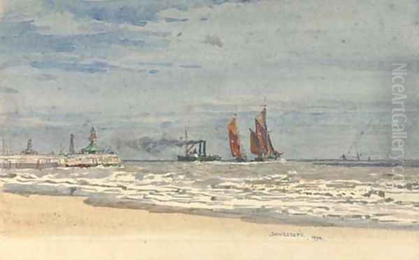 Shipping off the pier at Lowestoft Oil Painting by Henry Robert Robertson