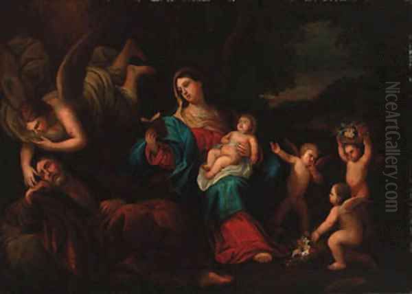 The Holy Family with an angel and putti in a landscape Oil Painting by Guido Reni