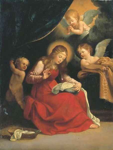 The Virgin sewing, accompanied by two Angels and a putto Oil Painting by Guido Reni