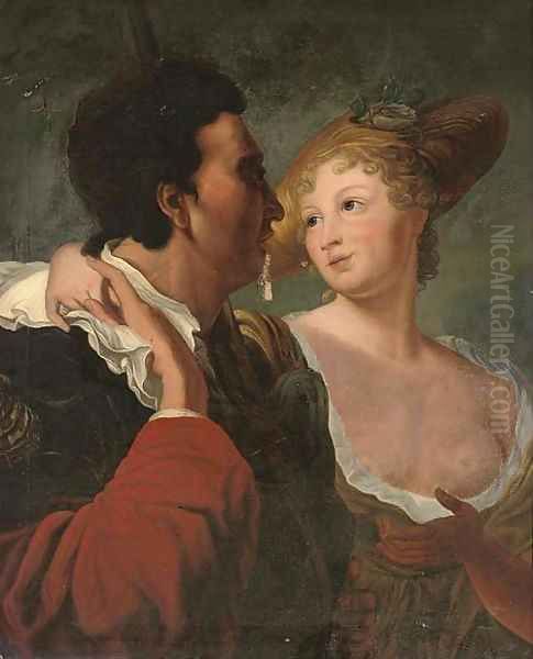 A pilgrim to Santiago de Compostela speaking to a girl in a hat Oil Painting by (studio of) Rubens, Peter Paul