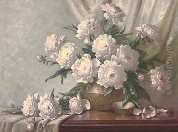 Peonies in a bronze vase on a draped table Oil Painting by Volney Allan Richardson