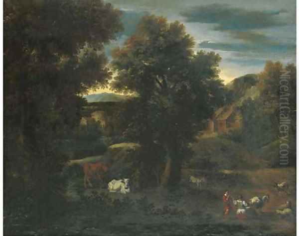 A wooded landscape with a shepherdess and cattle Oil Painting by Johann Heinrich Roos