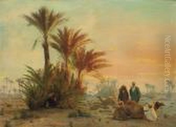 The Oasis At Dusk Oil Painting by Otto Pilny