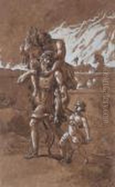 La Fuga Di Enea Da Troia Con Il Padre Anchise Ed Il Figlio Oil Painting by Bartolomeo Pinelli