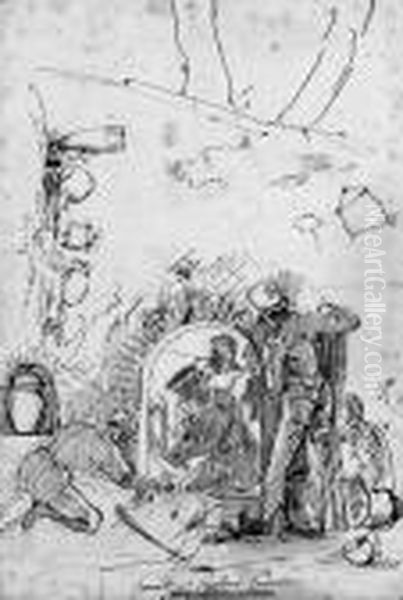 Figures Excavating A Tomb, With Subsidiary Studies Of Antiquevases Oil Painting by Bartolomeo Pinelli