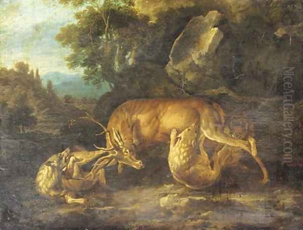 Two wolves attacking a stag in a wooded clearing Oil Painting by Carl Borromaus Andreas Ruthart