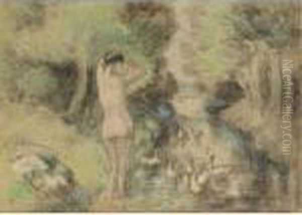 La Baigneuse Aux Oies Oil Painting by Camille Pissarro