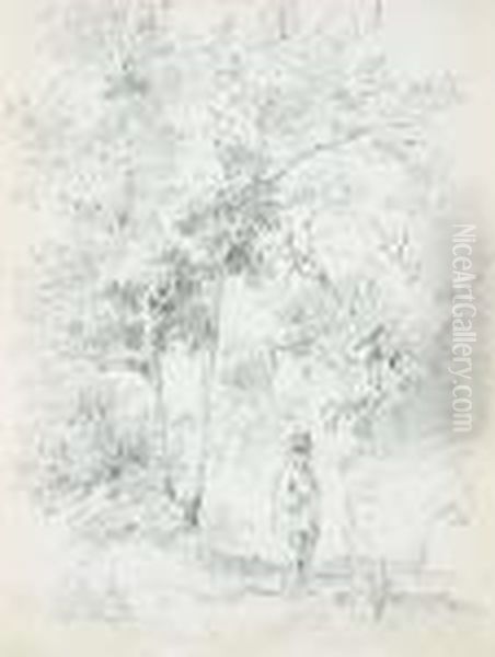 A Man With A Donkey In A Forest 
(recto); A Group Of Figures Beforea House, And A Study Of A Nude (verso) Oil Painting by Camille Pissarro