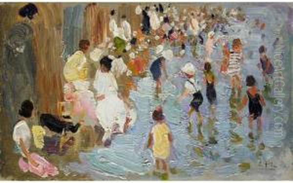 Junto Al Pabellon De Las Arenas,
 Sobre El Mar, Valencia (the Swimming Lagoon, Valencia Beach) Oil Painting by Cecilio Pla