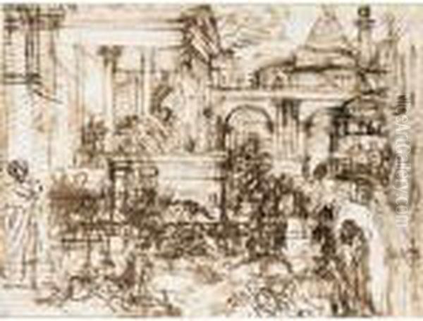 Recto: Architectural Capriccio With Figures And A Distant Pyramid
 Verso: Compositional Study With Roman Centurions And A Group Of Women Oil Painting by Nicolas Poussin