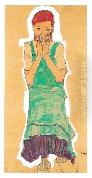 Girl With Green Pinafore Oil Painting by Egon Schiele