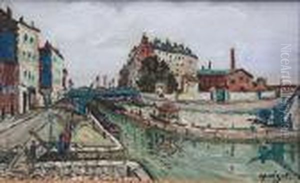 Bord Du Canal Saint-martin Oil Painting by Alphonse Leon Quizet