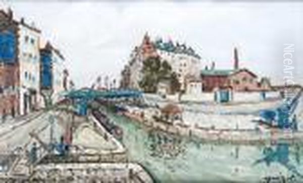 Paris, Le Canal Saint-martin Oil Painting by Alphonse Leon Quizet