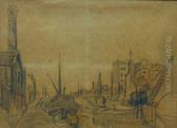 Canal Au Bateaux-grues Crayon Noir 16,5 X 22,5 Cm (a Vue) Oil Painting by Alphonse Leon Quizet