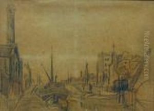 Canal Au Bateaux-grues Crayon Noir 16,5 X 22,5 Cm (a Vue)
