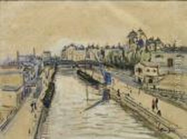 Le Canal A Paris Oil Painting by Alphonse Leon Quizet