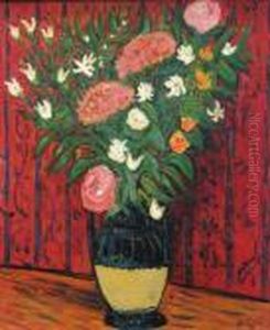 Vase Vernisse Avec Des Roses, Fond Rouge