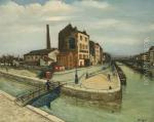 La Passerelle Du Canal De La Villette, Paris Oil Painting by Alphonse Leon Quizet