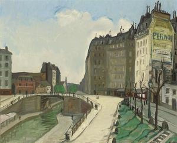 Le Pont Au Canal De La Villette, Paris Oil Painting by Alphonse Leon Quizet
