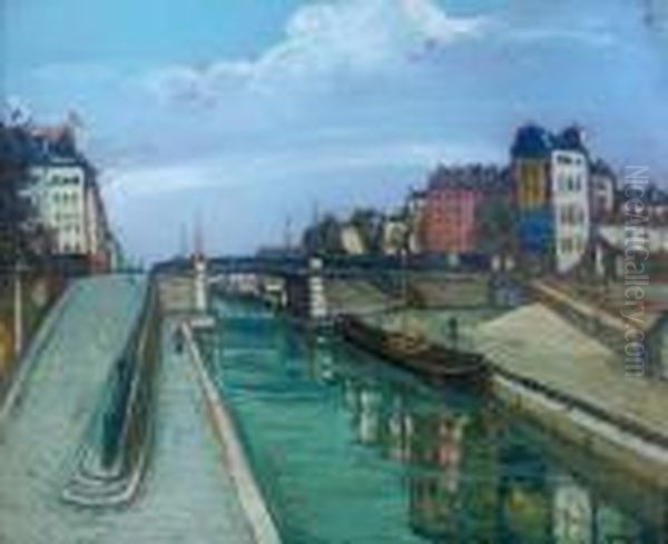 Le Pont Sur Le Canal-pantin. Oil Painting by Alphonse Leon Quizet