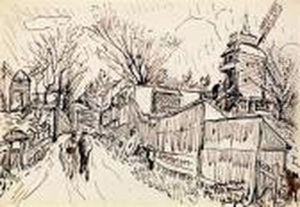 Moulins A Montmartre Oil Painting by Alphonse Leon Quizet