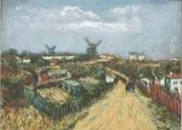Vieux Maquis, Montmartre, 
Figures By Allotments, Distant Windmills, Signed To Lower Right Oil Painting by Alphonse Leon Quizet