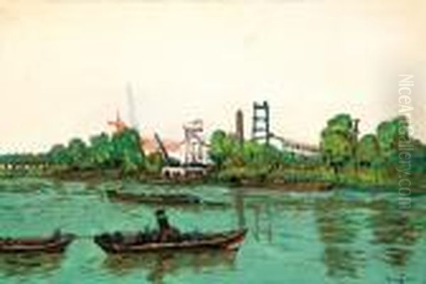 Paysage Lacustre (bord De Seine) Oil Painting by Alphonse Leon Quizet