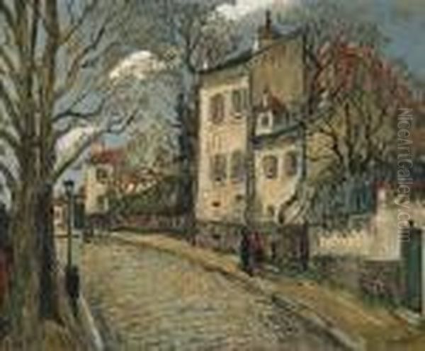 A Village Street Scene Oil Painting by Alphonse Leon Quizet