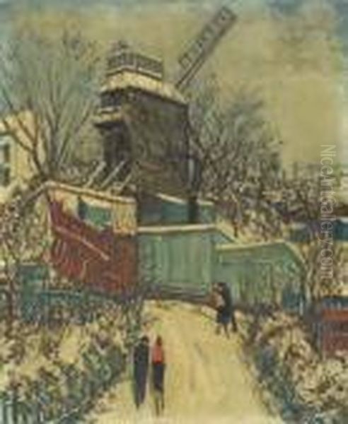 Montmartre Under Snowfall Oil Painting by Alphonse Leon Quizet
