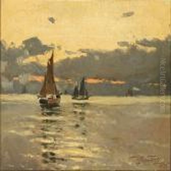 Seascape At Sunset Oil Painting by Victor H.W. Qvistorff