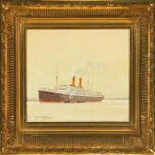 Passenger Ship Atanchor While Being Filled Up With Petrol Oil Painting by Victor H.W. Qvistorff