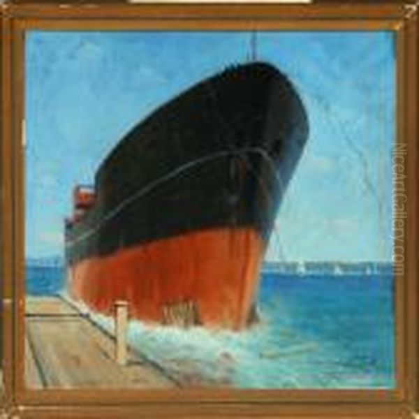 Ship At The Quay, Inthe Background Sailing Ships Oil Painting by Victor H.W. Qvistorff