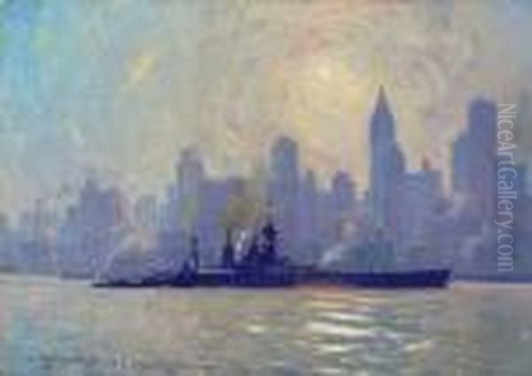 H.m.s. Hood In New York Harbor With A View Of The New York Skyline Oil Painting by Victor H.W. Qvistorff
