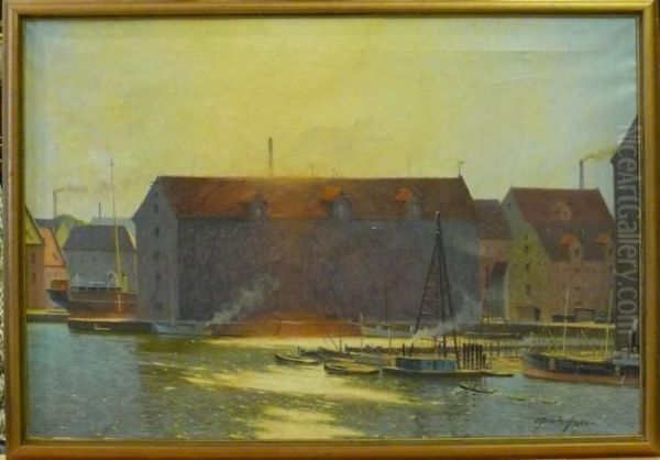 Bat Vid Hamn I Skymningsljus. Oil Painting by Victor H.W. Qvistorff