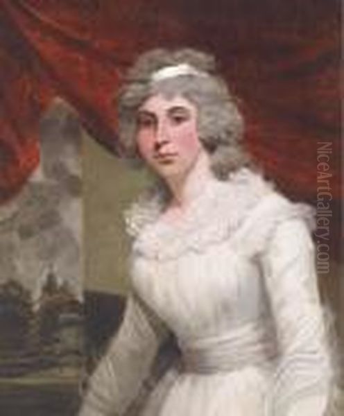 Portrait Of A Lady In A White Dress, With A Landscape Beyond Oil Painting by Sir Henry Raeburn