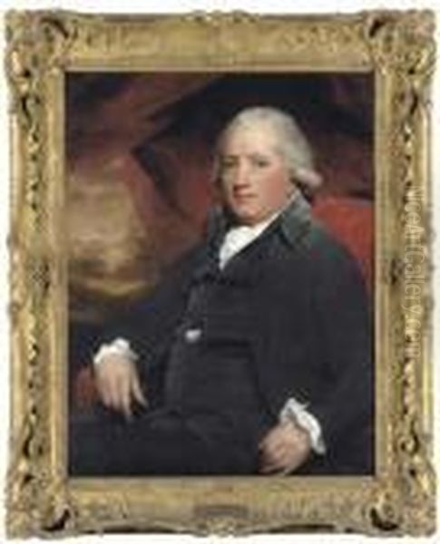 Portrait Of The Right Hon. 
Robert Blair Of Avontoun, Half-length,seated, In A Black Suit, Against A
 Red Curtain With A Landscapebeyond Oil Painting by Sir Henry Raeburn