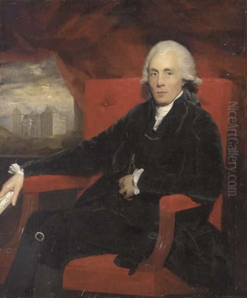 Portrait Of A Gentleman, Seated 
Three-quarter-length, In A Black Coat And Breeches, Holding A Scroll, 
The Bridewell Beyond Oil Painting by Sir Henry Raeburn
