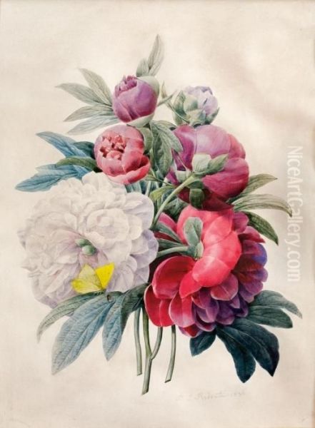 Pfingstrosen Mit Schmetterling Oil Painting by Pierre-Joseph Redoute