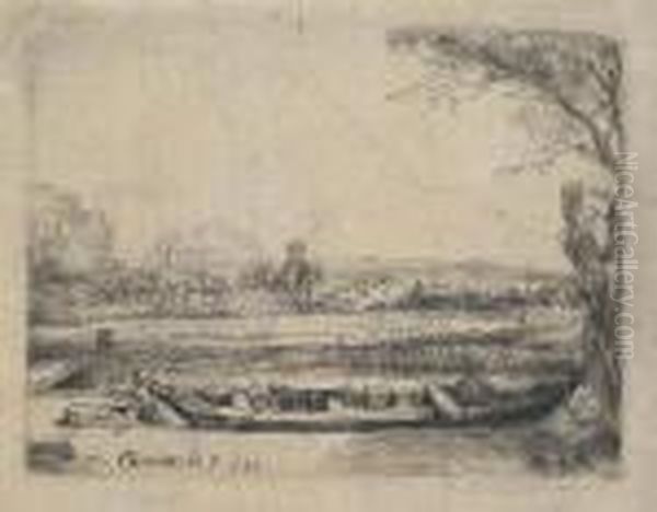 Canal With Large Boat And Bridge Oil Painting by Rembrandt Van Rijn