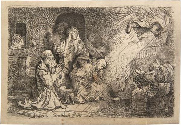 The Angel Departing From The Family Of Tobias Oil Painting by Harmenszoon van Rijn Rembrandt