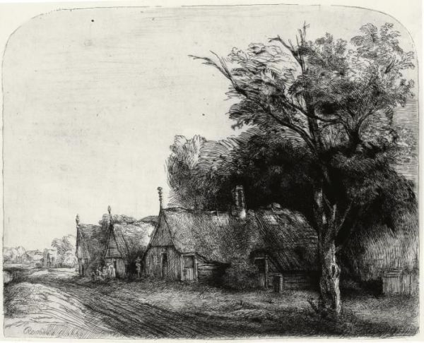Landscape With Three Gabled Cottages Beside A Road Oil Painting by Harmenszoon van Rijn Rembrandt
