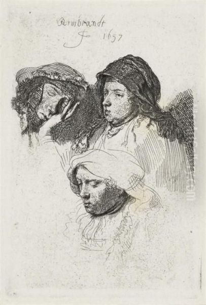 Three Female Heads, One Sleeping Oil Painting by Harmenszoon van Rijn Rembrandt