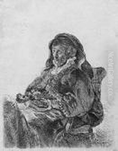 The Artist's Mother Seated, In Widow's Dress And Black Gloves Oil Painting by Rembrandt Van Rijn