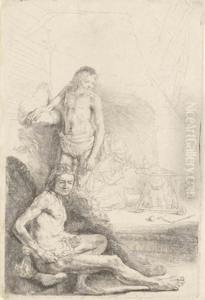 A Nude Man Standing, Another 
Seated, With A Woman And A Baby Lightly Etched In The Background Oil Painting by Rembrandt Van Rijn