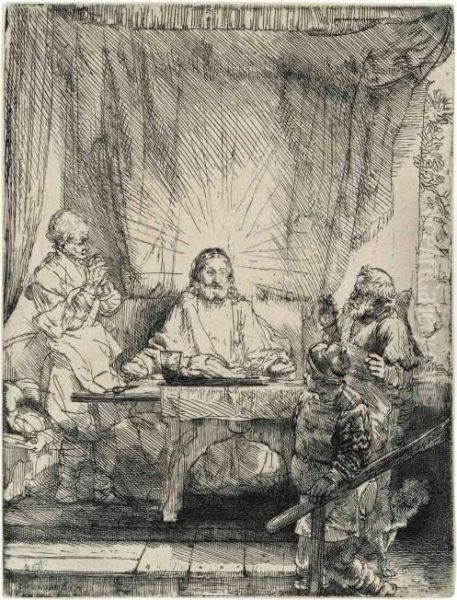 Christ At Emmaus: Large Plate Oil Painting by Harmenszoon van Rijn Rembrandt
